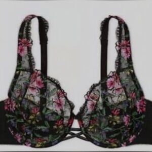 Victoria's Secret Black and Pink Floral Lace Bra